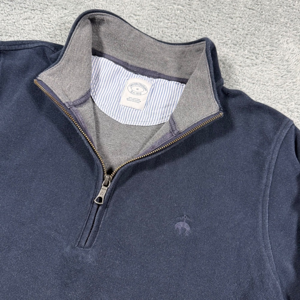 Brooks Brothers Quarter Zip Pullover Mens Size M Navy Blue Pique Fleece Logo